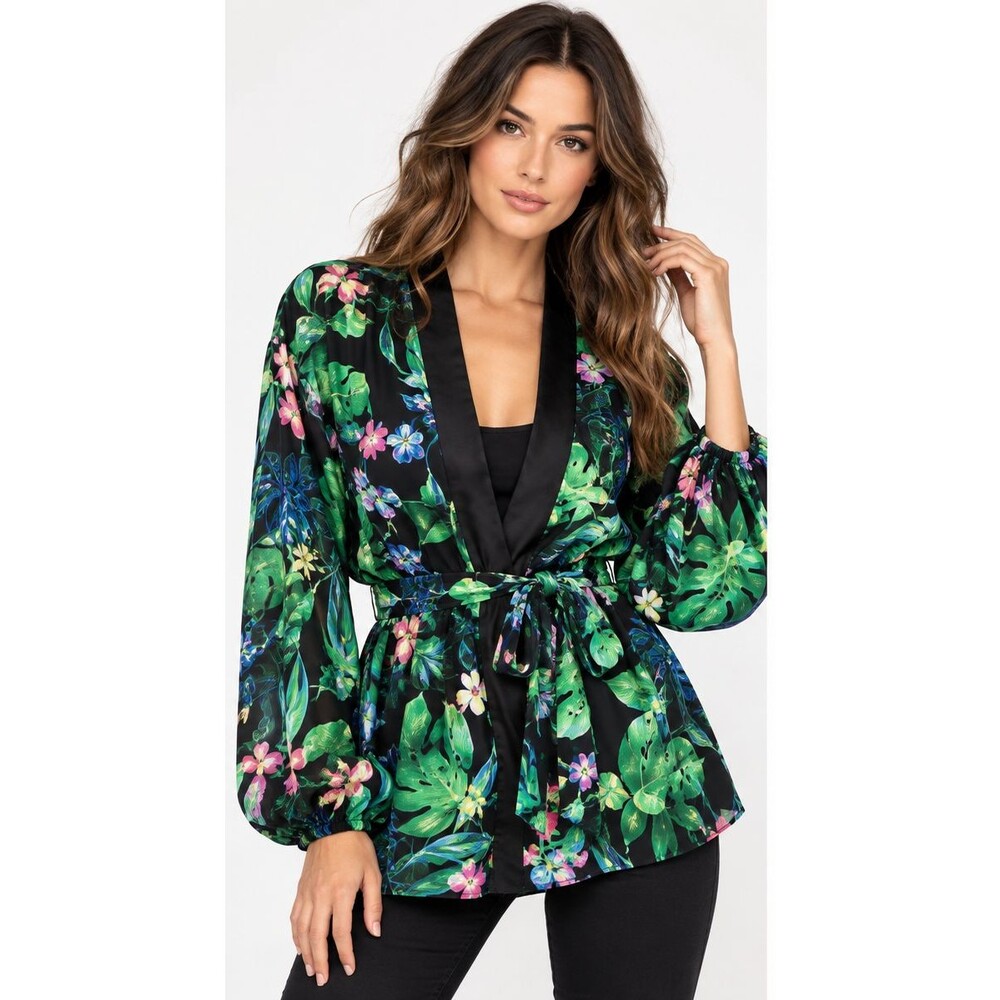 Walter Baker Womens M Floral Kimono Jacket Belted Balloon Sleeve Black Botanical